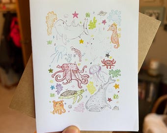 Hand Drawn Ocean Card, Sea Creatures Card, Jellyfish Whale Turtle Crab Seahorse Shark, Cute Elegant Greeting Card, A2 Size, Blank Inside