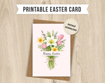 Cartão de Páscoa com Buquê de Flores Elegante, Imprimível nos Tamanhos 5x7 e 4x6 (Digital, Download Instantâneo, Arquivos PDF e JPG), para amigos, marido, esposa e filhos.