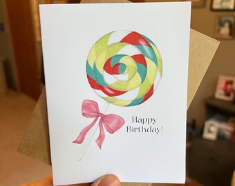 Hand Drawn Lollipop Birthday Card, Pink Bow, Happy Birthday Card, Classy Elegant Greeting Card, Cute Unique Card, Size A2, Blank Inside