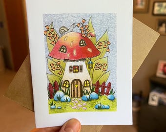Hand Drawn Mushroom House Greeting Card, Snail Cottagecore Night Scene, Lantern Glow, Floral Garden, Elegant Cute Card, A2 Blank Inside