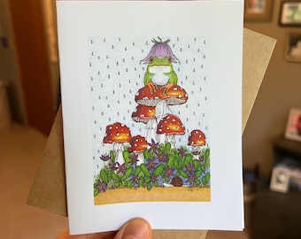 Hand Drawn Mushroom Frog Greeting Card, Rainy Forest Scene, Red Mushrooms Snail Flowers, Whimsical Cute Greeting Card, A2 Size, Blank Inside
