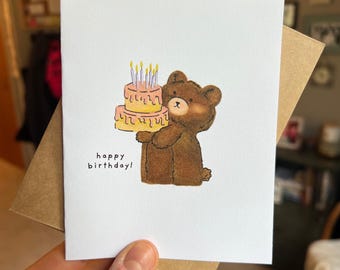 Hand Drawn Brown Bear Birthday Card, Vanilla Cake, Pink Icing, Cute Birthday Card, Cute Greeting Card, Unique Card, Size A2, Blank Inside