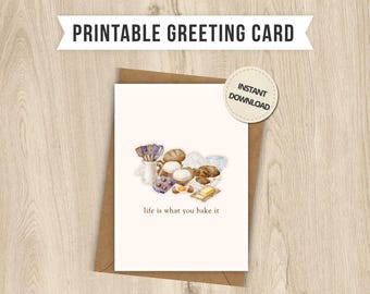 Cartão de felicitações com trocadilho sobre culinária, utensílios em aquarela, a vida é o que você faz dela (digital, download instantâneo), cartões 4x6 e 5x7, arquivos PDF e JPG, amigo