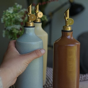 Handmade Ceramic Olive Oil Dispenser | Stoneware oil cruet with gold spout for elevated rustic cottage kitchen decor