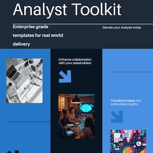 May include: A blue and white graphic promoting the "Business Systems Analyst Toolkit." The text includes "Enterprise grade," "templates for real world delivery," and "Elevate your analysis today." The image also features icons and photos.