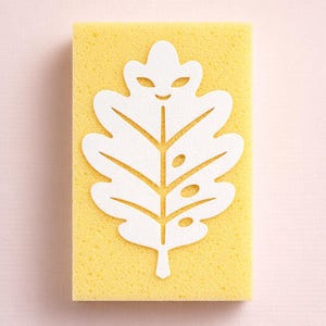 May include: A yellow rectangular sponge with a white oak leaf design. The leaf is cut out, revealing the sponge's texture. The background is a soft pink.