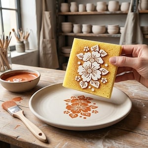 May include: A yellow sponge featuring a white floral design is positioned above a ceramic plate with a matching orange floral pattern. A bowl of orange paint and a paintbrush are on the wooden table, suggesting a pottery project.