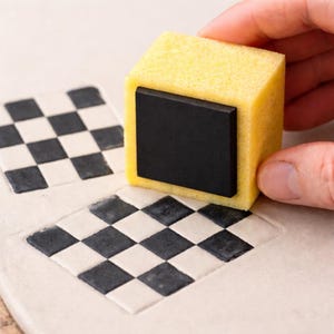 Könnte beinhalten: Ein gelber Schwammwürfel mit einem schwarzen Quadrat, das von einer Hand gehalten wird. Der Schwamm befindet sich auf einer weißen Oberfläche mit einem schwarz-weißen Schachbrettmuster, das einem Kachelmuster ähnelt.