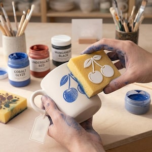 May include: A white ceramic mug with a blue cherry design is being decorated with a yellow sponge stamp. Jars of blue, red, and black paint are visible, along with paintbrushes and a blank tag. The mug has a handle and is being held by a person.