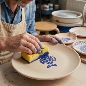 May include: A person is shown applying a blue design to a ceramic plate with a yellow and blue sponge. The plate has a fish design. Other plates with similar designs are in the background. The scene is in a pottery studio.