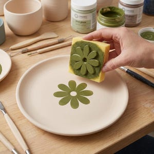 May include: A yellow rectangular sponge with a raised olive green flower-shaped stamp is being used to apply a matching olive green floral design onto the center of a smooth, round, light beige ceramic plate for pottery decoration.