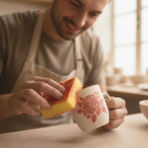 May include: A person is cleaning a white ceramic mug with a red rose design using a yellow and orange sponge. The mug is held over a wooden surface. The person is wearing a beige apron.