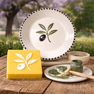 以下が含まれることがあります： 黒い点線模様の縁とオリーブの枝のデザインが施された白いセラミックプレート。オリーブの枝のデザインが施された黄色のスポンジがプレートの隣にあります。緑色の塗料の小さな瓶、ブラシ、テープも表示されています。