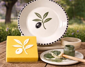 Ceramic Sponge Stamp, Olive Branch Design, Underglaze Pottery Tool for Clay Texture Printing, Handmade Pottery Decorating Supply