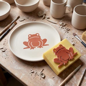 May include: A round, off-white ceramic plate featuring a centered, terracotta-colored frog illustration. Beside the plate sits a rectangular yellow sponge with an identical terracotta frog-shaped stamp attached to its surface, surrounded by paintbrushes.