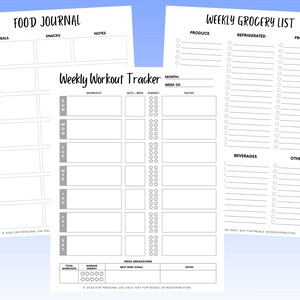 May include: Three-page printable planner set with a food journal, weekly workout tracker, and grocery list. Each page features a white background with black text and grid lines for organized note-taking and planning.