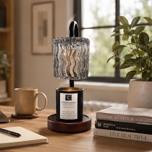 Candle Warmer Lamp with Wavy Glass Shade | Dimmable Wax Melt Lantern | Electric Wax Burner | Japandi Desk Lamp | Flameless Candle Light