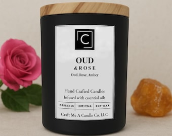 Oud & Rose Scented Candle – Oud, Rose, Amber | Natural Soy Wax Candles | Round Jar Candles