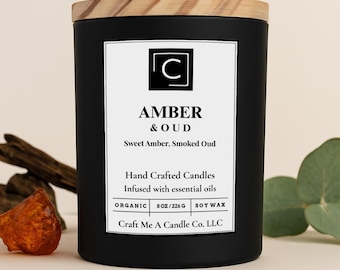 Amber & Oud Scented Candle – Sweet Amber, Smoked Oud | Natural Soy Wax Candles | Round Jar Candles