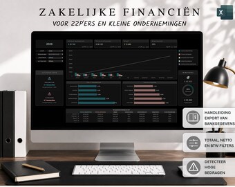 Boekhouding Spreadsheet Excel – Boekhoud Template voor Kleine Bedrijven, Inkomsten & Uitgaven Tracker, Winst en Belasting Overzicht (Donker)