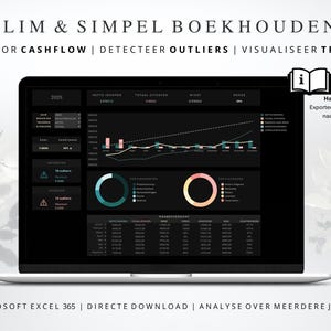 May include: A laptop displaying a dark-themed financial dashboard with charts, graphs, and data visualizations. The screen shows the text "SLIM & SIMPEL BOEKHOUDEN" and "MONITOR CASHFLOW | DETECTEER OUTLIERS | VISUALISEER TRENDS". The laptop is on a white surface.