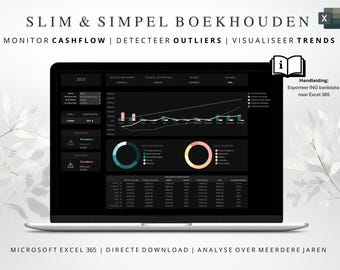 Boekhouding Spreadsheet Excel – Boekhoudsjabloon voor Kleine Bedrijven, Inkomsten & Uitgaven Tracker, Winst en Belasting Overzicht (Donker)