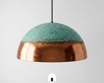 Patina Copper Pendant Light: Modern Rustic Ceiling Fixture for Kitchen Island, Dining Room & Café Decor, Handcrafted Farmhouse Dome Lamp