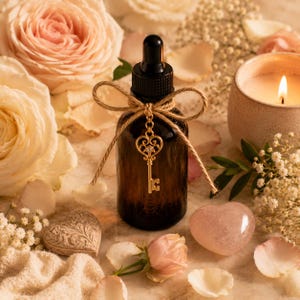 Puede incluir: Un frasco cuentagotas de vidrio ámbar con tapón negro y un dije de llave dorado en forma de corazón, atado con un lazo de cuerda color canela. El frasco está rodeado de rosas rosa pálido, paniculata blanca, una piedra en forma de corazón y una vela.