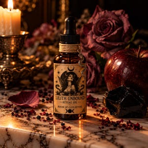 May include: An amber glass dropper bottle labeled Lilith Unbound Ritual Oil House of Cleo Devine, featuring a graphic of a winged figure and snakes. The bottle neck is wrapped in twine with a small silver snake charm attached to the black cap.