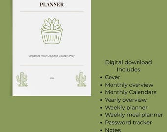 Könnte beinhalten: Ein digitaler Planer mit weißem Cover mit dem Text "WESTERN CACTUS DAILY PLANNER" und einer Kaktusillustration. Der Text "Organize Your Days the Cowgirl Way" ist ebenfalls enthalten. Der Planer enthält ein Cover, eine monatliche Übersicht, Kalender und mehr.