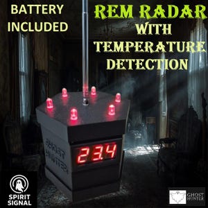 May include: Black REM Radar with temperature detection device. The device has a digital display showing 23.4. The device has a series of red lights on top and the text "GHOST HUNTER" on the side. The text "BATTERY INCLUDED" is also visible.