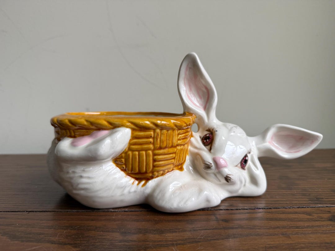 Vintage Ceramic Bunny Planter – Lying Rabbit Woven Basket, Easter ...