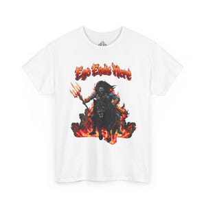 May include: White t-shirt featuring a graphic of a figure riding a black wolf through flames, holding a trident. The text "Ego Ends Here" is above the graphic in a stylized font. A unique design for a casual tee.