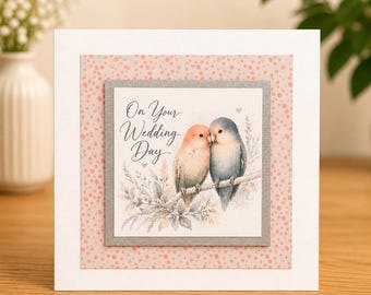 Wedding Day Card – Lovebirds Wedding Card – Romantic Bird Illustration Card – Handmade Wedding Greeting – Modern Watercolour Style – UK Sell