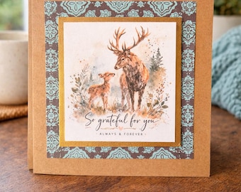 Grateful for You Card – Deer & Fawn Watercolour Card – Rustic Thank You Card – Woodland Animal Greeting Card – Appreciation Card for Her/Him