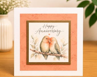 Lovebirds Anniversary Card – Romantic Bird Card – Happy Anniversary Card – Cute Couple Card – Elegant Watercolour Card – Neutral Peach Desig