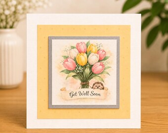 Get Well Soon Card – Tulip Bouquet Card – Cute Hedgehog Card – Cheerful Recovery Card – Thinking of You Card – Floral Watercolour Card UK
