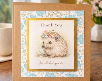 Thank You Card – Cute Hedgehog Card – Floral Animal Greeting Card – Appreciation Card – Handmade Style Thank You Card for Her/Him