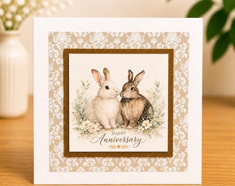 Anniversary Card with Rabbits – Cute Bunny Anniversary Card – Romantic Animal Card – Happy Anniversary Card – Neutral Elegant Design – Handm