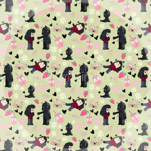 May include: A repeating pattern on a light green background featuring cartoon characters, strawberries, flowers, hearts, pie slices, and pink drinks. The characters are in various poses, some standing, some lying down, and some sitting.
