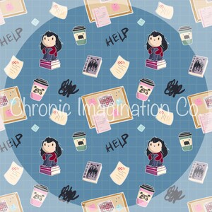 May include: A repeating pattern on a blue background features a cartoon character sitting on books, coffee cups, notepads, and bulletin boards. The word "HELP" is written in a graffiti style, along with the text "100%" and "Chronic Imagination Co."