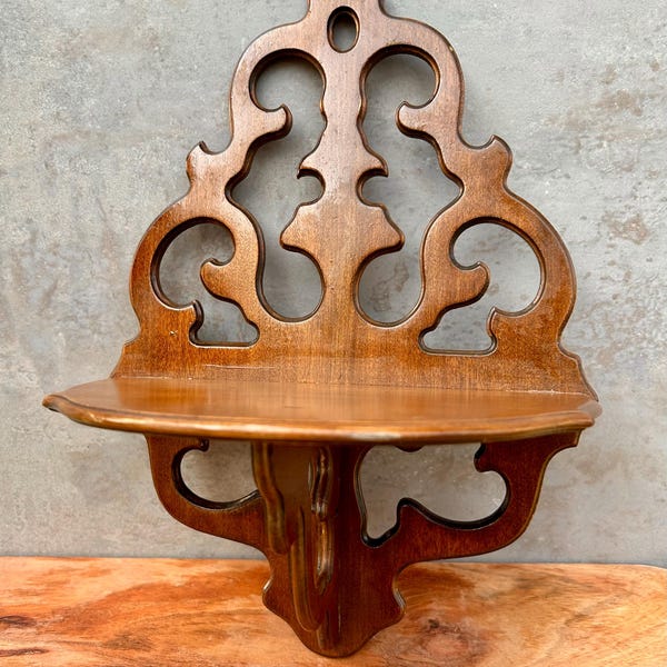 Vintage Wood Wall Shelf Chippendale Style Fretwork Display Shelf Colonial Decor