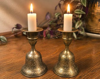 Vintage Brass Bell Candlesticks Pair Etched Floral Taper Candle Holders Boho Decor India
