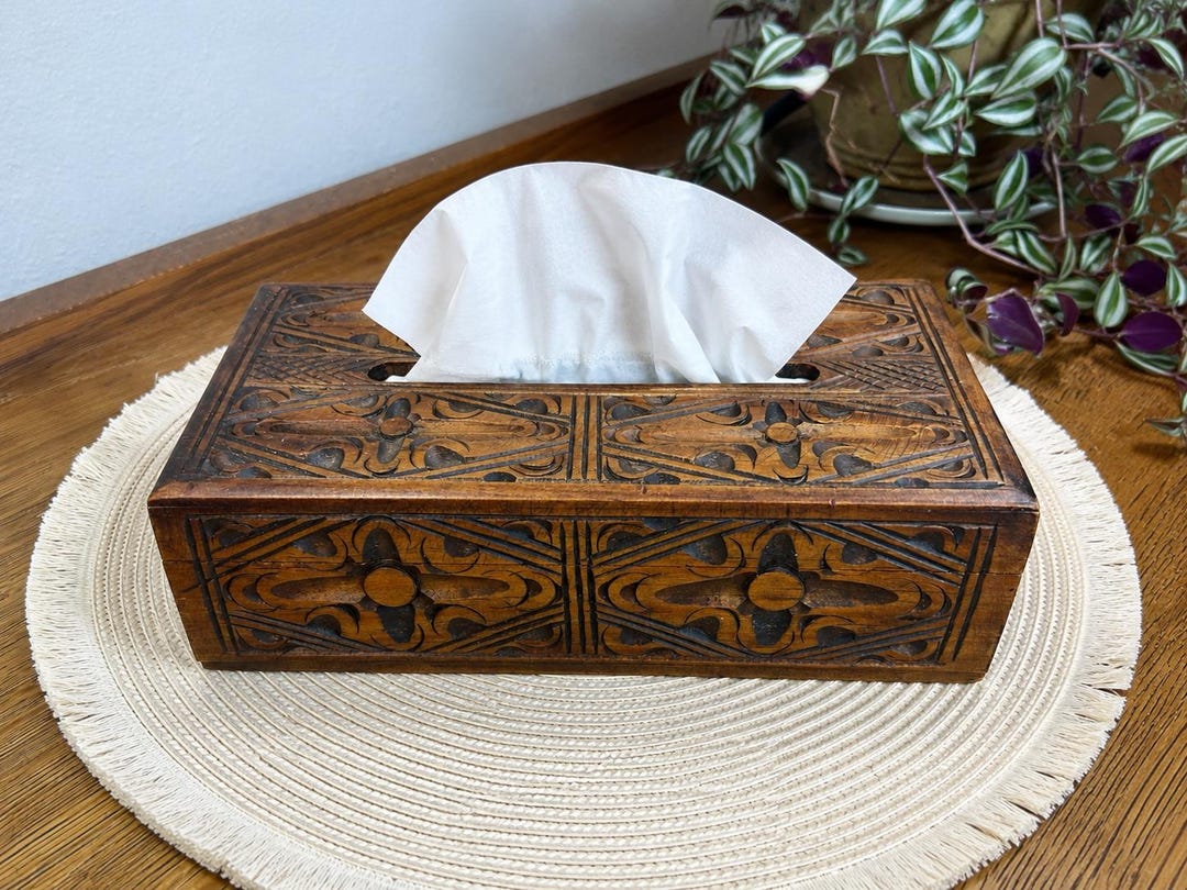 Vintage Carved Wooden Tissue Box Cover, Decorative Wood Kleenex Holder ...