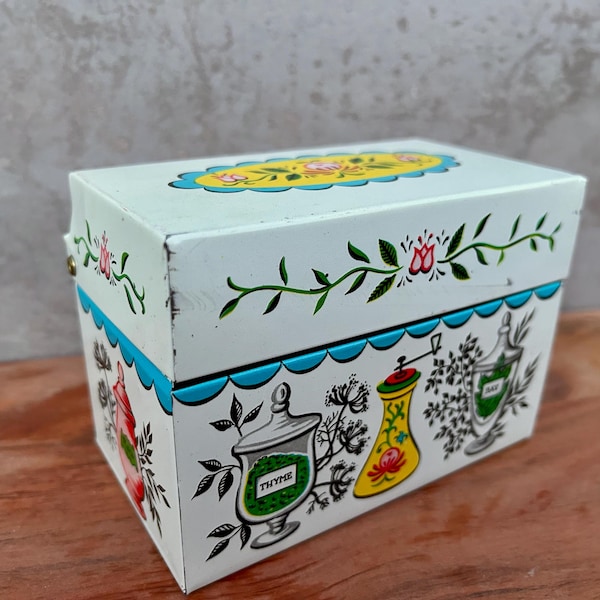 Vintage Daher Decorated Metal Recipe Box White Tin Floral Spice Kitchen Storage USA