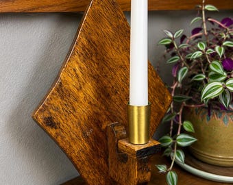 Vintage Mid Century Wood & Brass Wall Candle Sconce Geometric