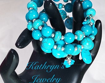 4 Strand memory wire magnesite turquoise & silver bracelet