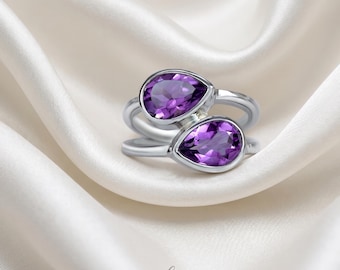 925 Sterling Silver Pear Cut Natural Amethyst Bypass Ring, February Birthstone