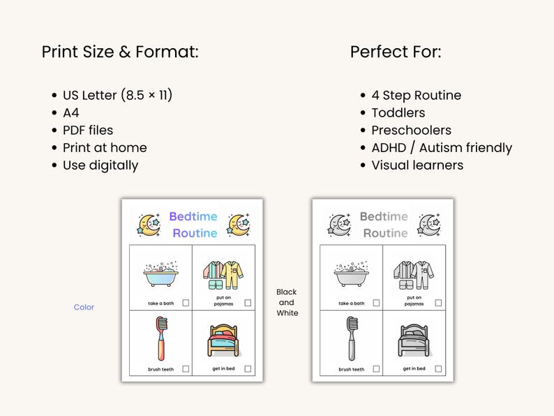 Bedtime Routine Color Simple Bedtime Routine Chart for Kids Printable | Easy Night Routine ...