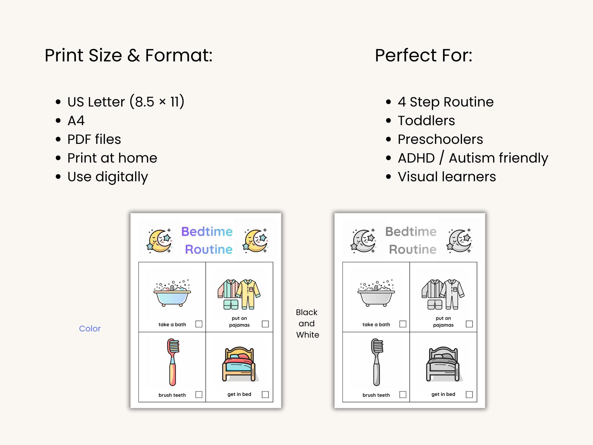 Simple Bedtime Routine Chart for Kids Printable | Easy Night Routine ...